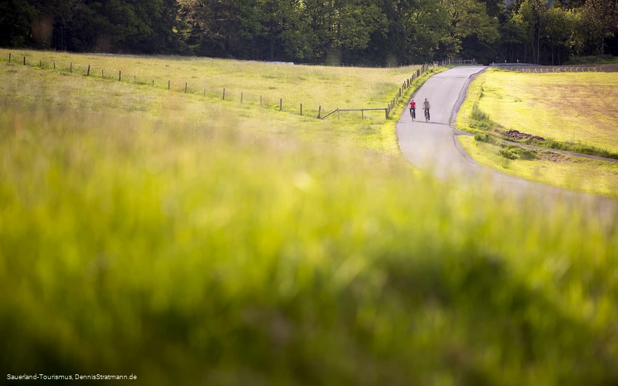 Zwei Biker beim Genussradeln durch Felder