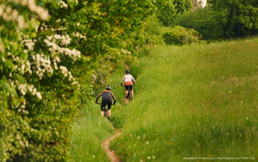 2 MTBikerinnen fahren einen Trail welcher durch eine grüne Wiese führt.