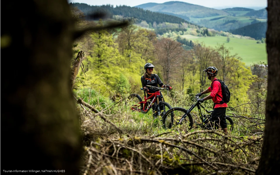 Mountainbiker-Paar im Gelände vor Bergpanorama